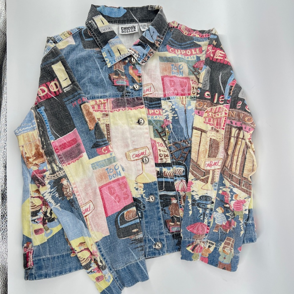 Chico's Design Size 2 Lightweight Denim Patchwork Linen Blend Jacket